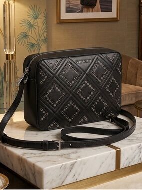 Michael Kors Black Quilted Look Eyelet Crossbody  Bag
